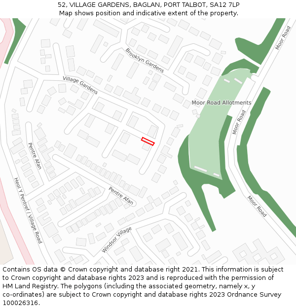 52, VILLAGE GARDENS, BAGLAN, PORT TALBOT, SA12 7LP: Location map and indicative extent of plot