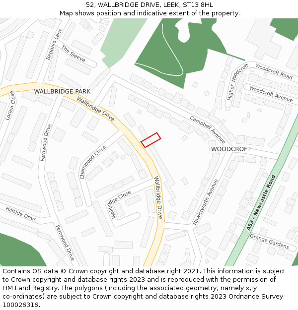 52, WALLBRIDGE DRIVE, LEEK, ST13 8HL: Location map and indicative extent of plot