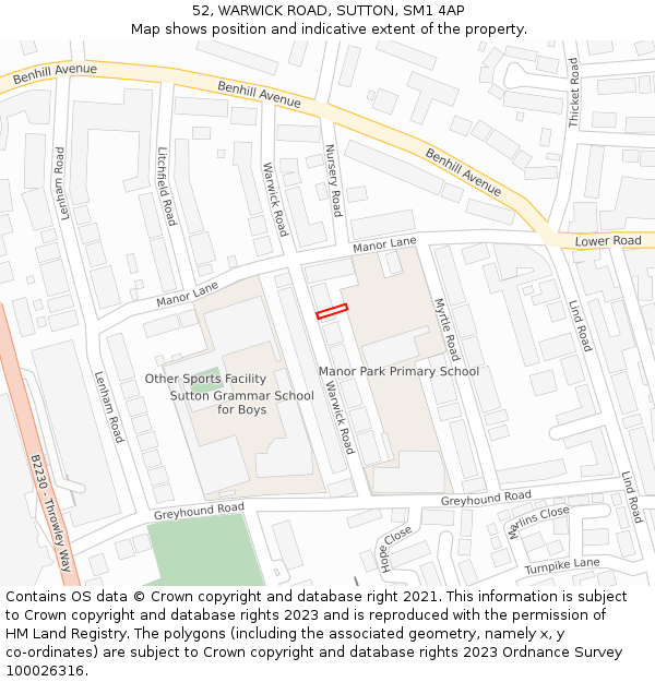 52, WARWICK ROAD, SUTTON, SM1 4AP: Location map and indicative extent of plot