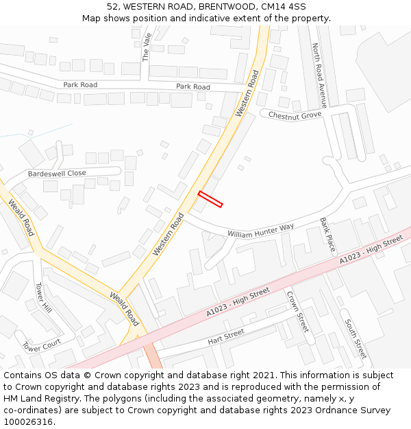 52, WESTERN ROAD, BRENTWOOD, CM14 4SS: Location map and indicative extent of plot