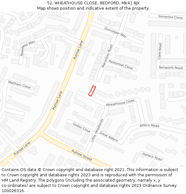 52, WHEATHOUSE CLOSE, BEDFORD, MK41 8JX: Location map and indicative extent of plot