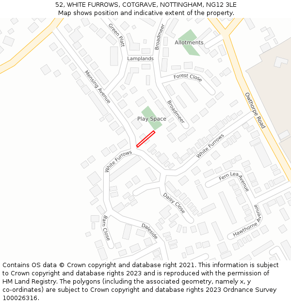 52, WHITE FURROWS, COTGRAVE, NOTTINGHAM, NG12 3LE: Location map and indicative extent of plot