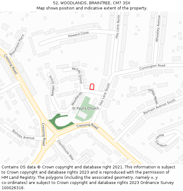 52, WOODLANDS, BRAINTREE, CM7 3SX: Location map and indicative extent of plot