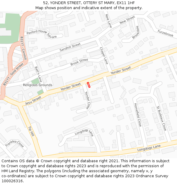 52, YONDER STREET, OTTERY ST MARY, EX11 1HF: Location map and indicative extent of plot