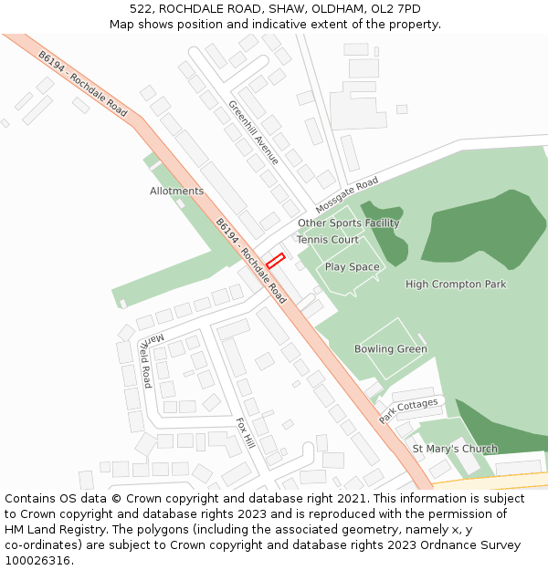 522, ROCHDALE ROAD, SHAW, OLDHAM, OL2 7PD: Location map and indicative extent of plot