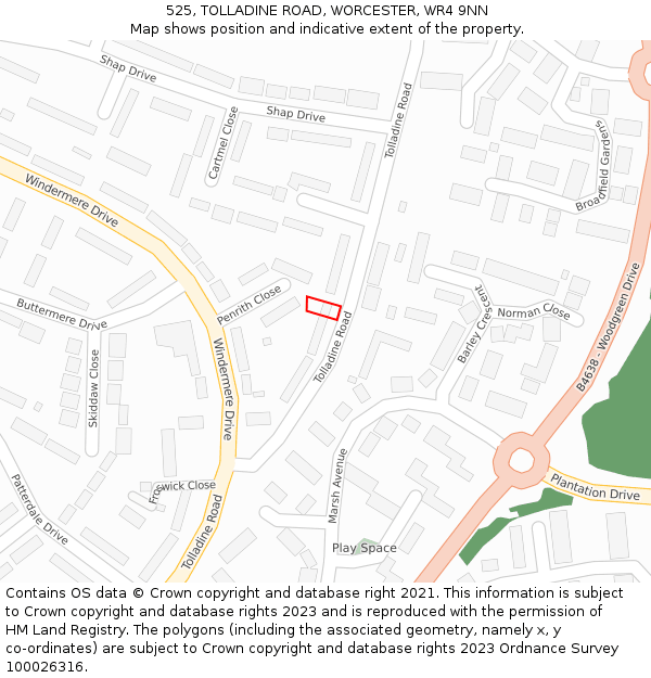 525, TOLLADINE ROAD, WORCESTER, WR4 9NN: Location map and indicative extent of plot