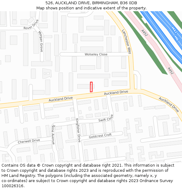 526, AUCKLAND DRIVE, BIRMINGHAM, B36 0DB: Location map and indicative extent of plot