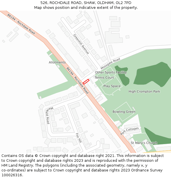 526, ROCHDALE ROAD, SHAW, OLDHAM, OL2 7PD: Location map and indicative extent of plot