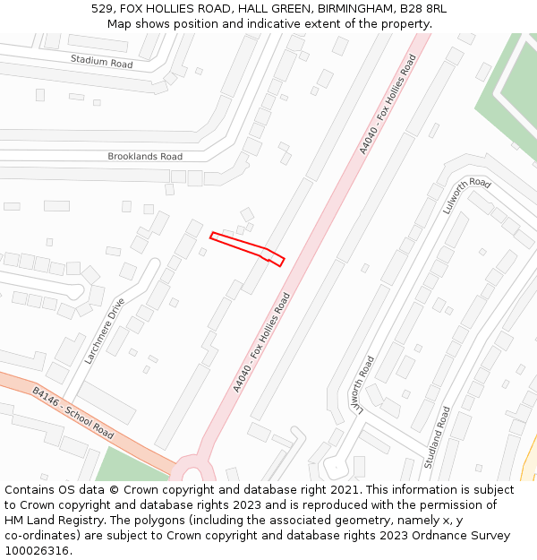 529, FOX HOLLIES ROAD, HALL GREEN, BIRMINGHAM, B28 8RL: Location map and indicative extent of plot