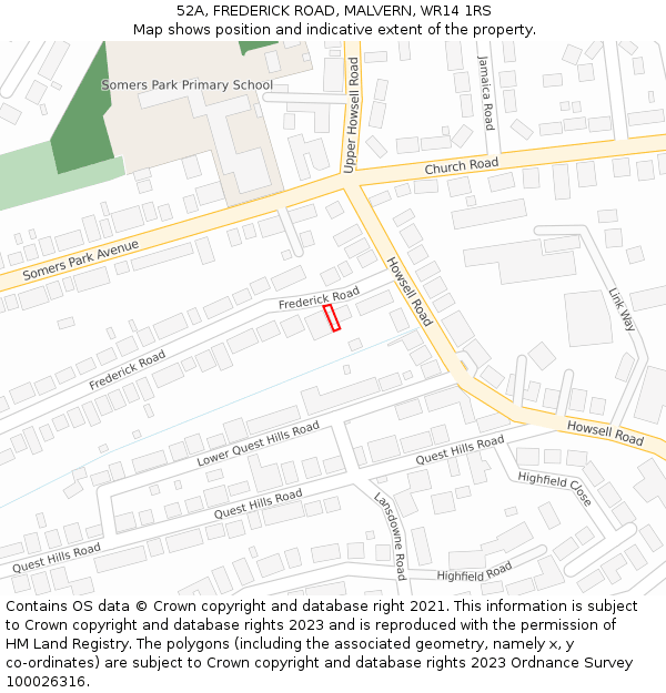 52A, FREDERICK ROAD, MALVERN, WR14 1RS: Location map and indicative extent of plot