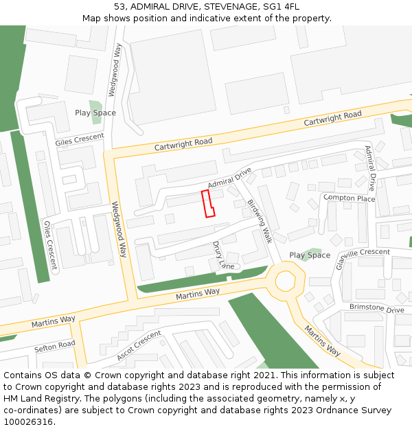 53, ADMIRAL DRIVE, STEVENAGE, SG1 4FL: Location map and indicative extent of plot