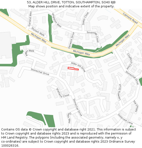 53, ALDER HILL DRIVE, TOTTON, SOUTHAMPTON, SO40 8JB: Location map and indicative extent of plot