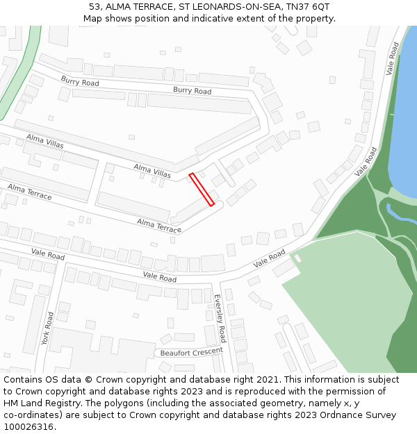 53, ALMA TERRACE, ST LEONARDS-ON-SEA, TN37 6QT: Location map and indicative extent of plot