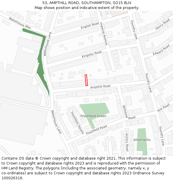 53, AMPTHILL ROAD, SOUTHAMPTON, SO15 8LN: Location map and indicative extent of plot