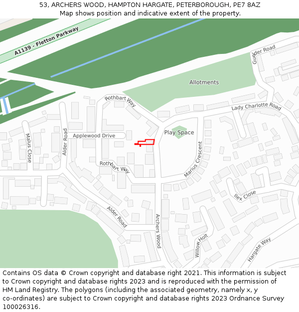 53, ARCHERS WOOD, HAMPTON HARGATE, PETERBOROUGH, PE7 8AZ: Location map and indicative extent of plot