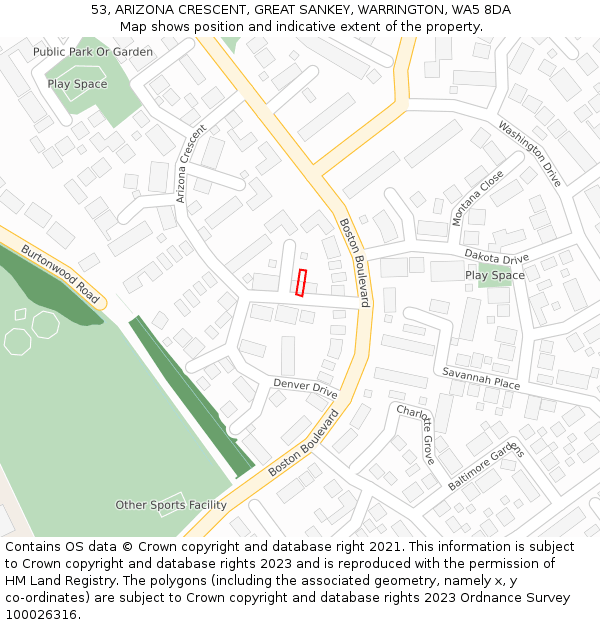 53, ARIZONA CRESCENT, GREAT SANKEY, WARRINGTON, WA5 8DA: Location map and indicative extent of plot