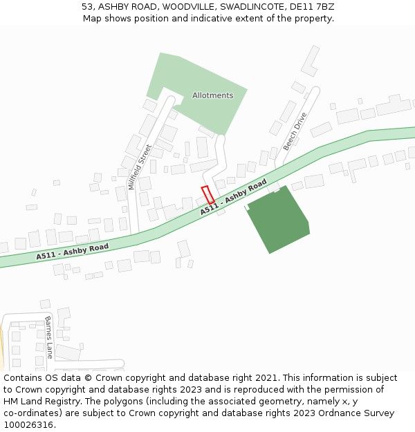 53, ASHBY ROAD, WOODVILLE, SWADLINCOTE, DE11 7BZ: Location map and indicative extent of plot