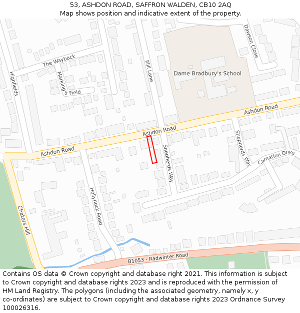 53, ASHDON ROAD, SAFFRON WALDEN, CB10 2AQ: Location map and indicative extent of plot