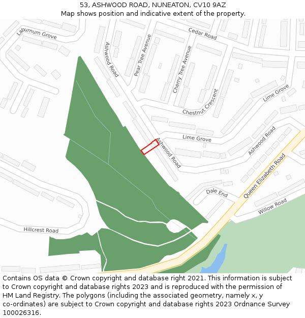 53, ASHWOOD ROAD, NUNEATON, CV10 9AZ: Location map and indicative extent of plot