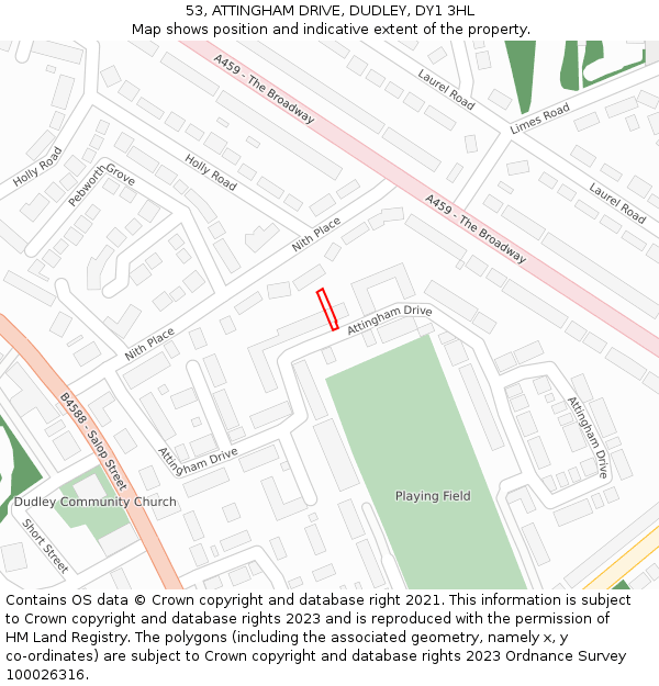53, ATTINGHAM DRIVE, DUDLEY, DY1 3HL: Location map and indicative extent of plot