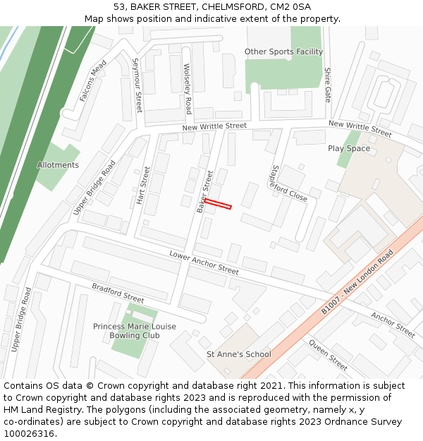 53, BAKER STREET, CHELMSFORD, CM2 0SA: Location map and indicative extent of plot