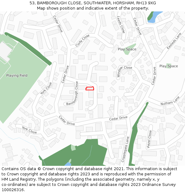53, BAMBOROUGH CLOSE, SOUTHWATER, HORSHAM, RH13 9XG: Location map and indicative extent of plot