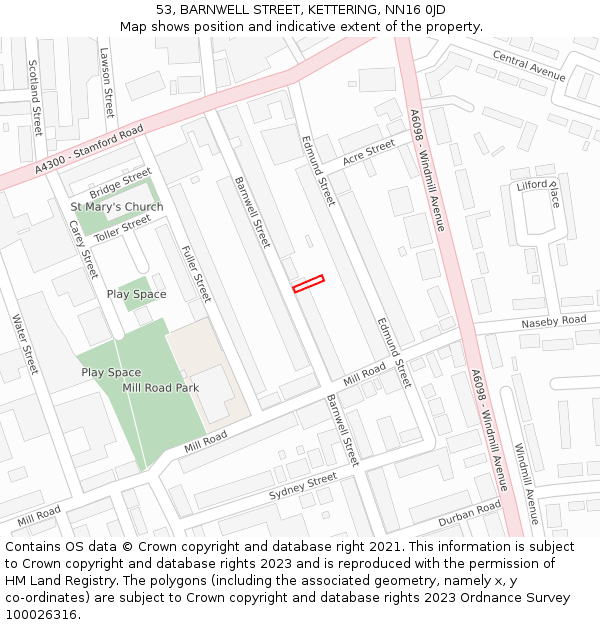 53, BARNWELL STREET, KETTERING, NN16 0JD: Location map and indicative extent of plot