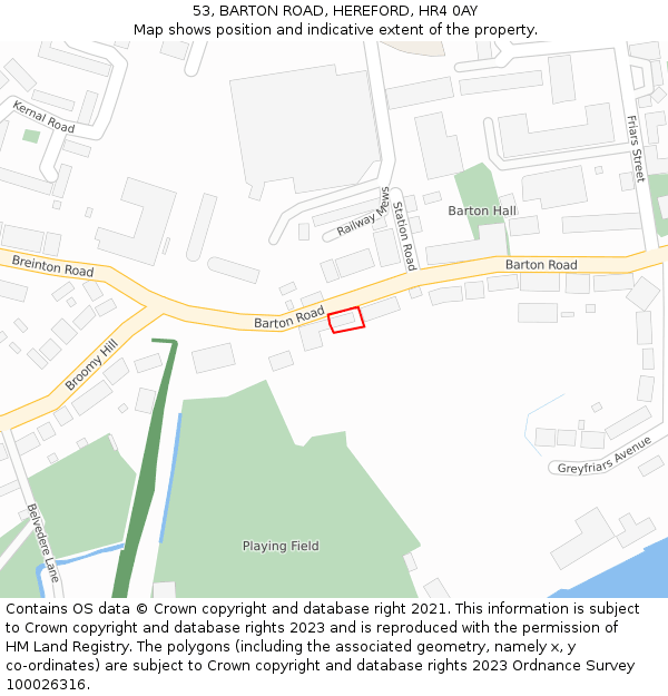 53, BARTON ROAD, HEREFORD, HR4 0AY: Location map and indicative extent of plot