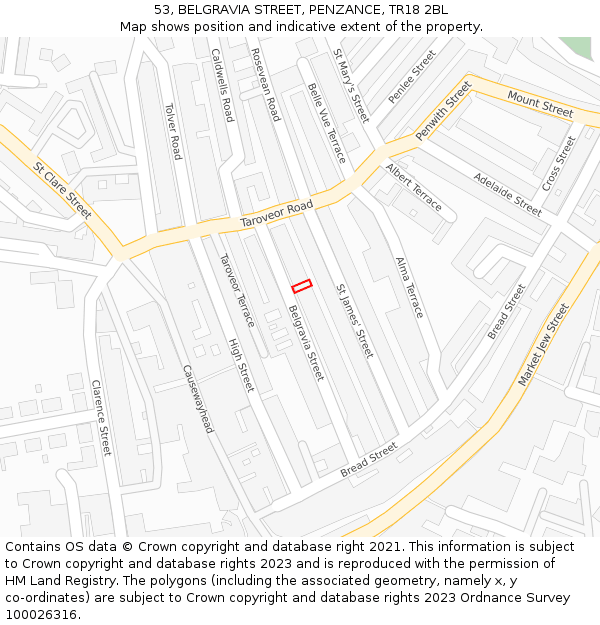 53, BELGRAVIA STREET, PENZANCE, TR18 2BL: Location map and indicative extent of plot
