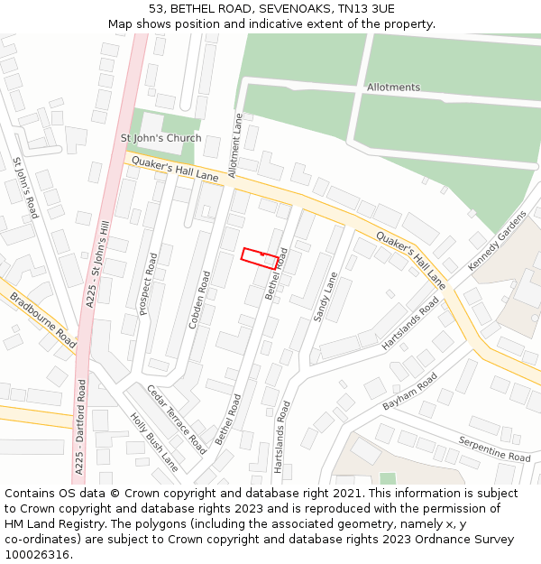 53, BETHEL ROAD, SEVENOAKS, TN13 3UE: Location map and indicative extent of plot