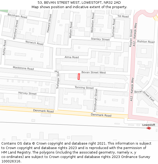53, BEVAN STREET WEST, LOWESTOFT, NR32 2AD: Location map and indicative extent of plot