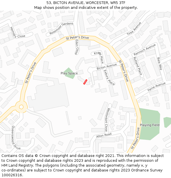 53, BICTON AVENUE, WORCESTER, WR5 3TF: Location map and indicative extent of plot