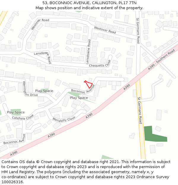 53, BOCONNOC AVENUE, CALLINGTON, PL17 7TN: Location map and indicative extent of plot