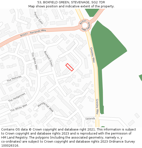 53, BOXFIELD GREEN, STEVENAGE, SG2 7DR: Location map and indicative extent of plot