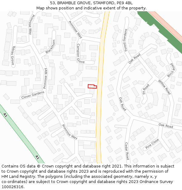 53, BRAMBLE GROVE, STAMFORD, PE9 4BL: Location map and indicative extent of plot