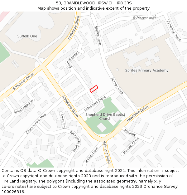 53, BRAMBLEWOOD, IPSWICH, IP8 3RS: Location map and indicative extent of plot