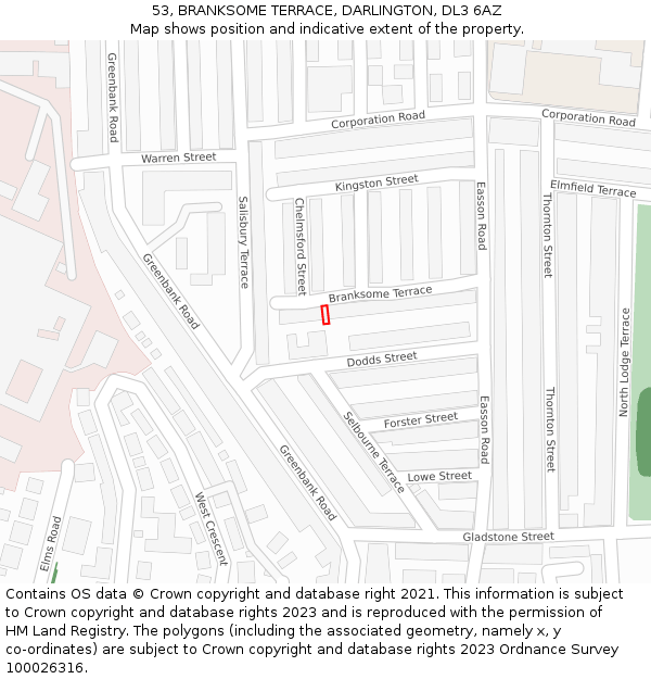 53, BRANKSOME TERRACE, DARLINGTON, DL3 6AZ: Location map and indicative extent of plot