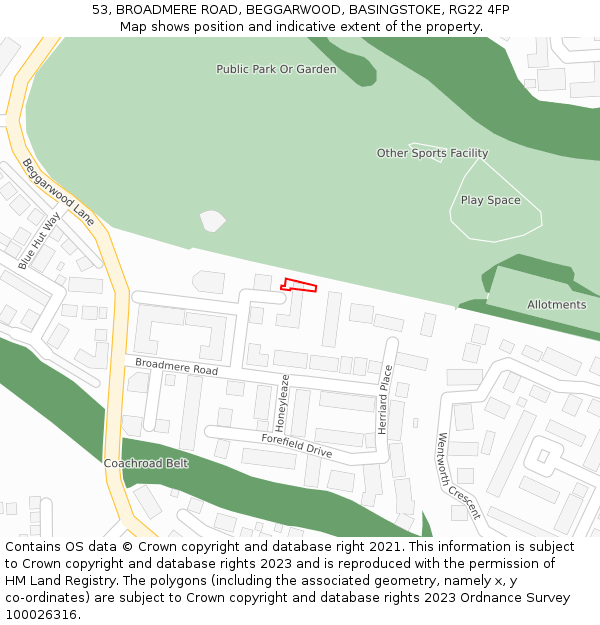 53, BROADMERE ROAD, BEGGARWOOD, BASINGSTOKE, RG22 4FP: Location map and indicative extent of plot