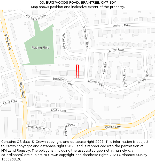 53, BUCKWOODS ROAD, BRAINTREE, CM7 1DY: Location map and indicative extent of plot