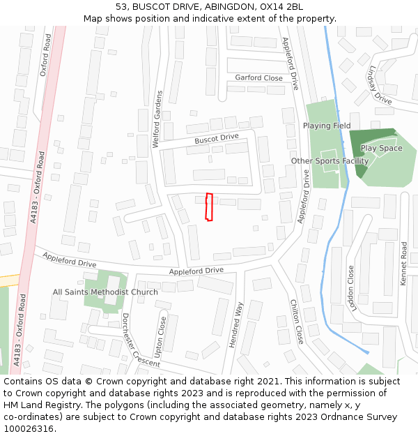 53, BUSCOT DRIVE, ABINGDON, OX14 2BL: Location map and indicative extent of plot