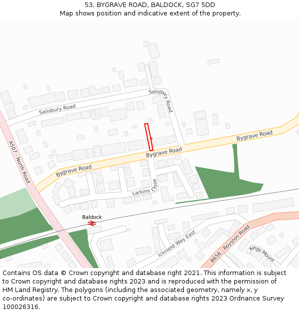 53, BYGRAVE ROAD, BALDOCK, SG7 5DD: Location map and indicative extent of plot
