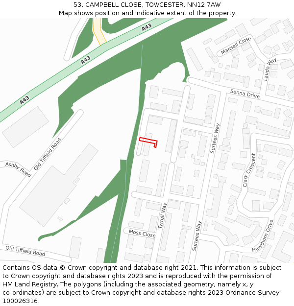 53, CAMPBELL CLOSE, TOWCESTER, NN12 7AW: Location map and indicative extent of plot