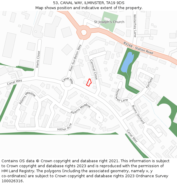 53, CANAL WAY, ILMINSTER, TA19 9DS: Location map and indicative extent of plot