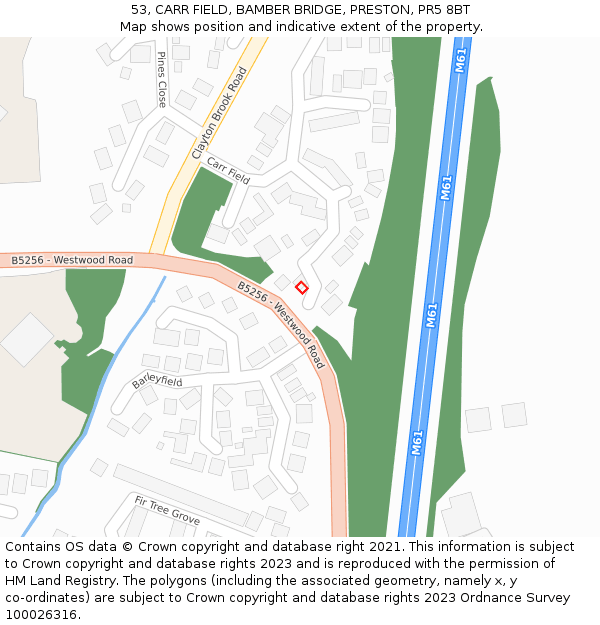 53, CARR FIELD, BAMBER BRIDGE, PRESTON, PR5 8BT: Location map and indicative extent of plot