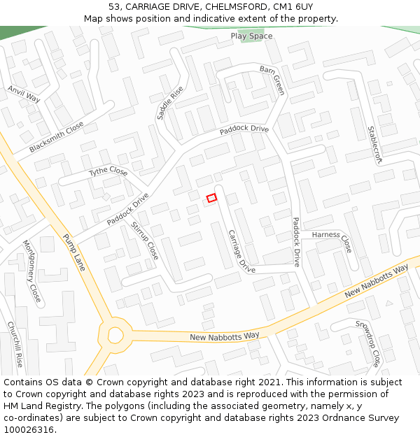 53, CARRIAGE DRIVE, CHELMSFORD, CM1 6UY: Location map and indicative extent of plot