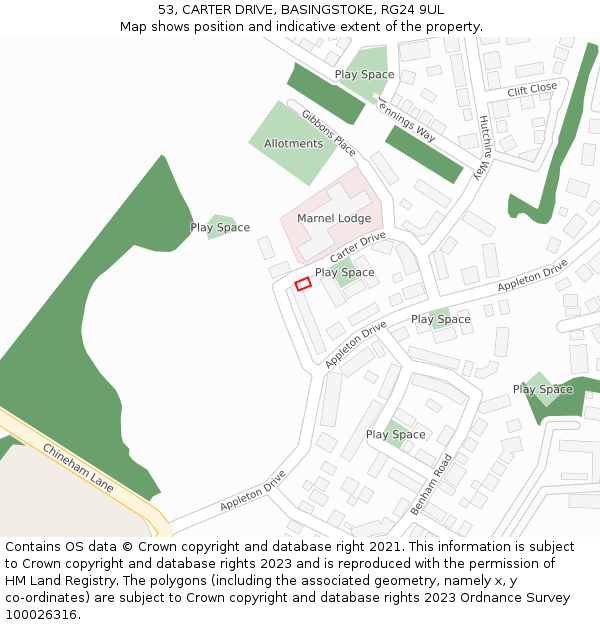 53, CARTER DRIVE, BASINGSTOKE, RG24 9UL: Location map and indicative extent of plot