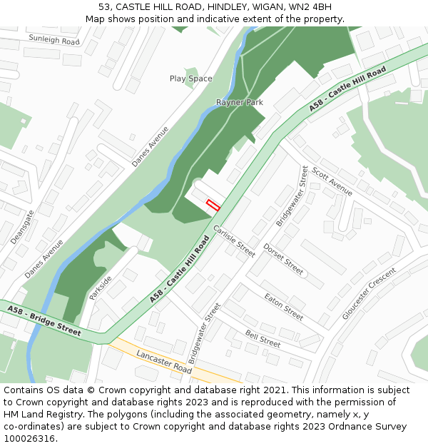 53, CASTLE HILL ROAD, HINDLEY, WIGAN, WN2 4BH: Location map and indicative extent of plot