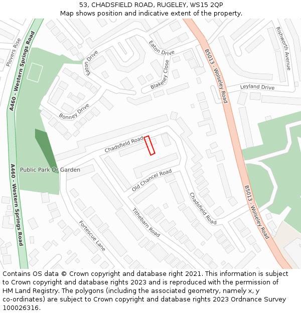 53, CHADSFIELD ROAD, RUGELEY, WS15 2QP: Location map and indicative extent of plot