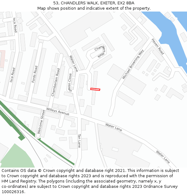 53, CHANDLERS WALK, EXETER, EX2 8BA: Location map and indicative extent of plot