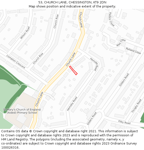 53, CHURCH LANE, CHESSINGTON, KT9 2DN: Location map and indicative extent of plot